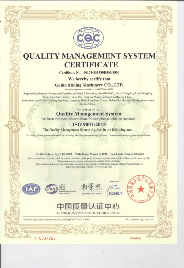 ISO 9001 quality management system certificate in English